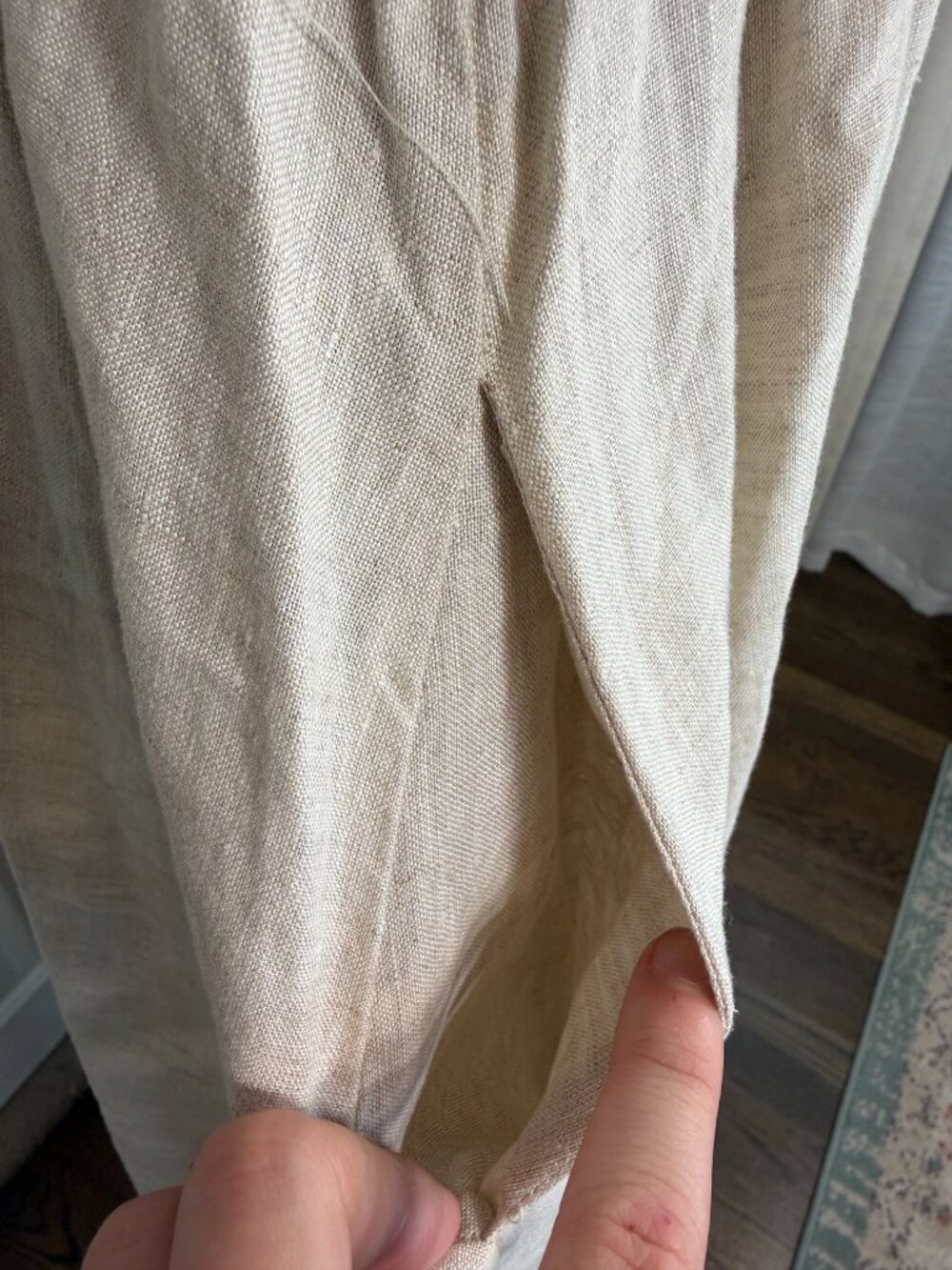 Saks Fifth Avenue 100% Linen Smocked Midi Maxi Dress Pockets Oatmeal Medium - Picture 9 of 10